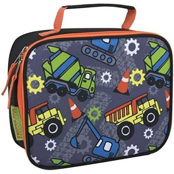 Soft Shell Insulated Lunch Bag for Storing Food, Drinks, Snacks, Napkins and Utensils in Fun Tough Construction Trucks Print