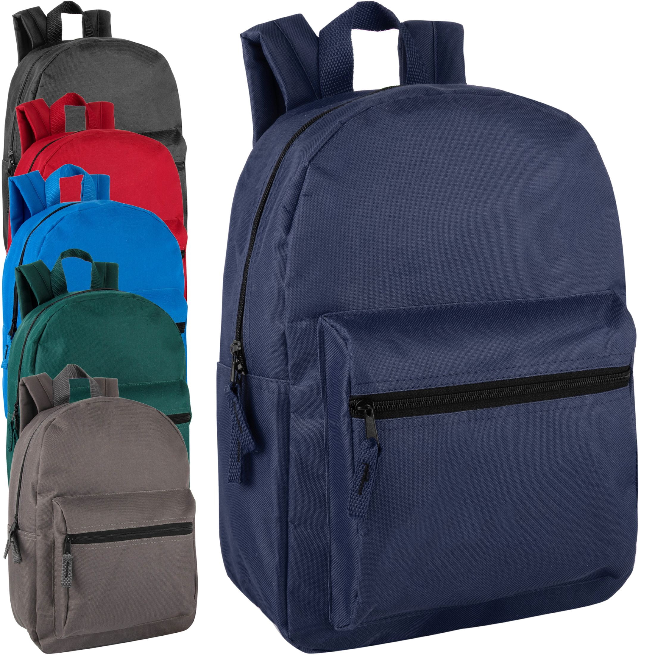 Trailmaker Unisex Solid Color Backpacks, 15 Inch with Front Zipper Pocket, Padded Shoulder Straps (24 Pack, 6 Classic Color Assortment)