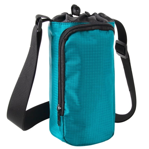 Reusable 16 Oz. Drawstring Closure Water Bottle Carrier Bag with Adjustable Shoulder Strap & Phone Pocket for Glass, Plastic, Stainless Steel Bottles, Walking, Running, Biking & Jogging in Aqua Blue