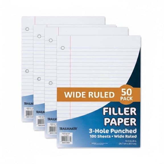 50 Pack Bulk Binder Paper Wide Ruled with Holes  3 Hole Punched Filler Paper Bulk 100 Sheets Each