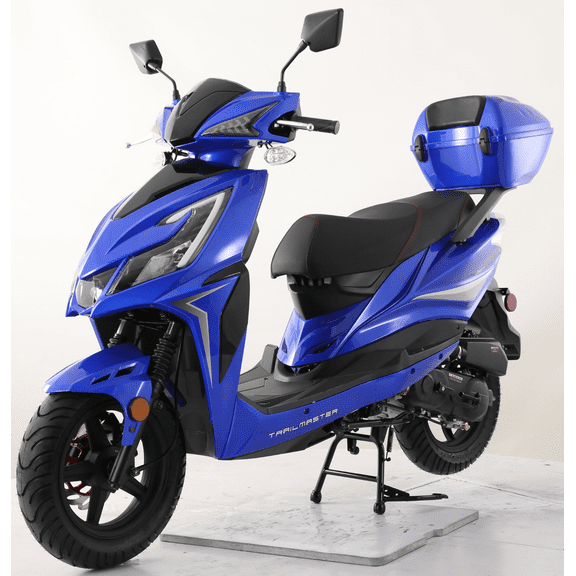 Trailmaster Trophy 50cc Scooter/Moped, Automatic CVT, Electric & Kick Start, 12-inch Aluminum Rims, Optional Color-Matched Locking Trunk (Blue)