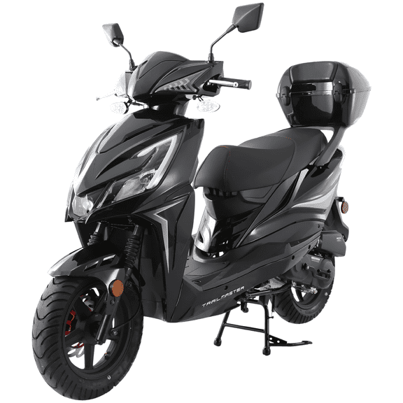 Trailmaster Trophy 50cc Scooter/Moped, Automatic CVT, Electric & Kick Start, 12-inch Aluminum Rims, Optional Color-Matched Locking Trunk (Pre-Assembled, Black)