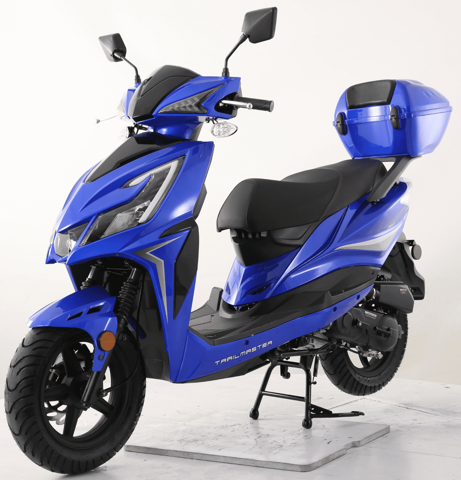Trailmaster Trophy 50cc Scooter/Moped, Automatic CVT, Electric & Kick Start, 12-inch Aluminum Rims, Optional Color-Matched Locking Trunk (Pre-Assembled, Blue)