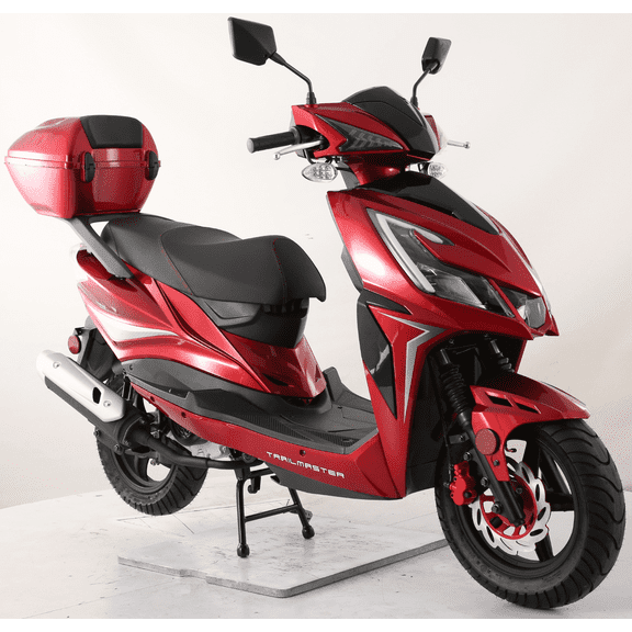 Trailmaster Trophy 50cc Scooter/Moped, Automatic CVT, Electric & Kick Start, 12-inch Aluminum Rims, Optional Color-Matched Locking Trunk (Red)