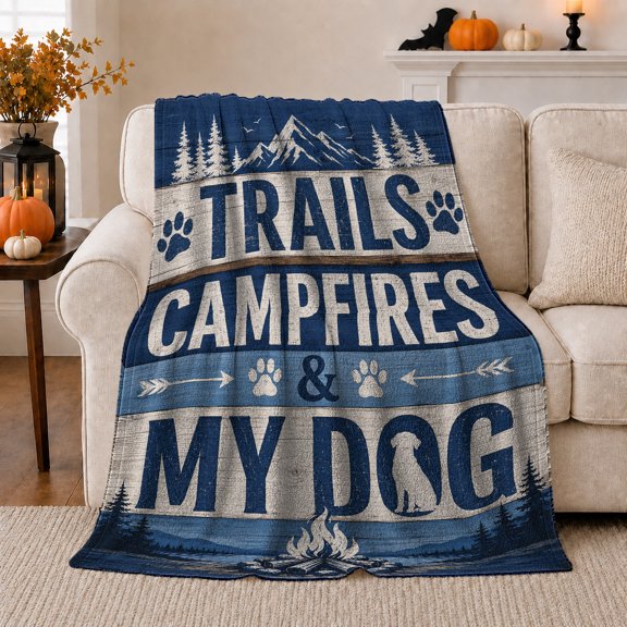 Trails Dog Dad Outdoor Camping, Dramatic Pet Portrait Pattern, Warm Flannel Blanket for Cabin and Lodge with Detailed Artwork, Dog Lovers Father's Day Gift, Pet Lover Home Decor