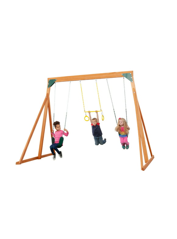 Trailside Cedar Swingset with Belt Swings and Trapeze Bar, All Wood, Hardware, and Assembly Instructions Included