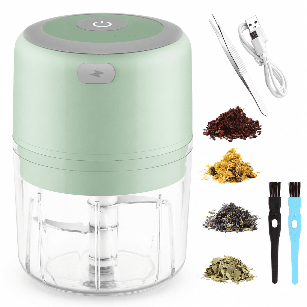 tobacco grinder walmart Electric Herb with Mini Scoop & Brush - 7.2-Inch 8.5oz USB Cordless, Adjustable Coarse to Fine Grind for Spices/Garlic/Herbs after the green indicator is on Mini Herb Grinder