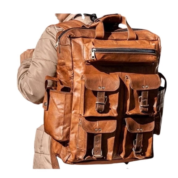 leatherooze  Vintage Goat Leather Backpack  Handmade 18 Travel Rucksack