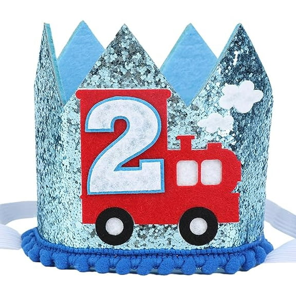 Train 2nd Birthday Hat - Second Birthday Glitter Crown Blue, Two Years Old Chugga Chugga Two Two Theme Party Decorations Supplies