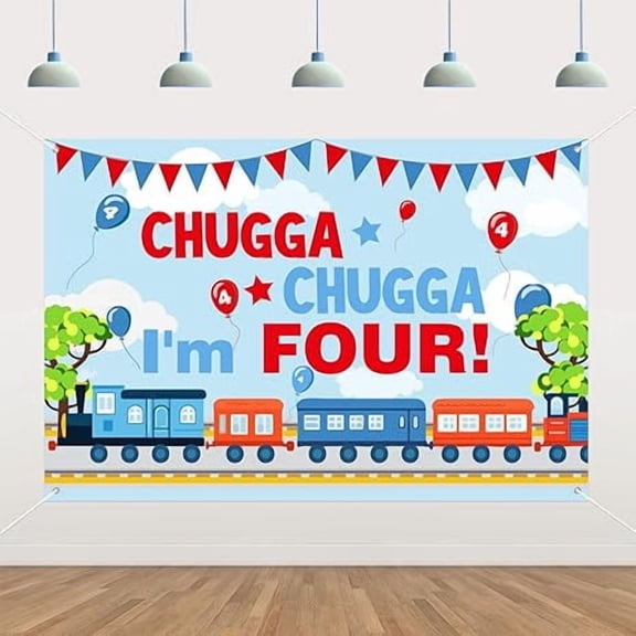 Train 4th Birthday Decoration, Chugga Chugga Im Four Backdrop Banner 53ft Choo Choo Colorful Background Props for 4th Birthday Decoration Boy Train