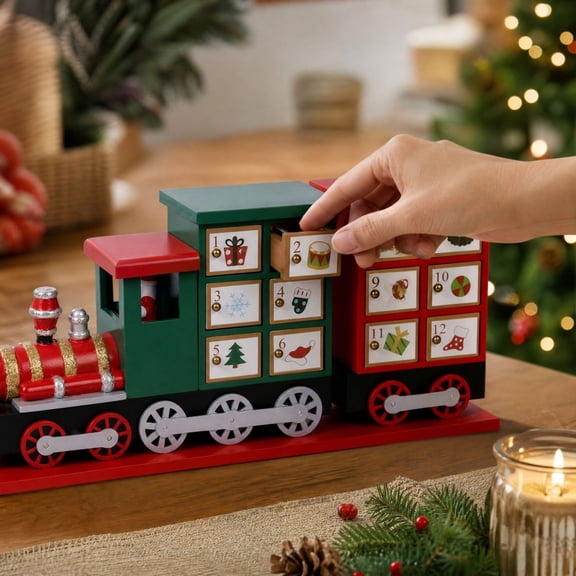 Train Advent Calendar, Countdown Storage Box, Christmas Desktop Ornament, Numbered Drawers and Versatile Storage Function for Mantel Displays, Desktop Settings and Holiday Countdowns.