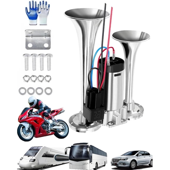 Train Air Horn for Truck Car, 2026 Upgraded Air Horn Dual Horn, 12/24V 150DB Air Horn Super Loud Train Horn for Truck, Dual Trumpets Kit with Air Compressor for Vehicles, Trains, Boats (Silver, 12V)