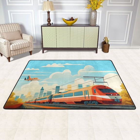 Train Airplane Sky Area Rug Washable 72 x 48 Floor Carpet Mat Non Slip for Bedroom Living Room Kids Room Home Decor