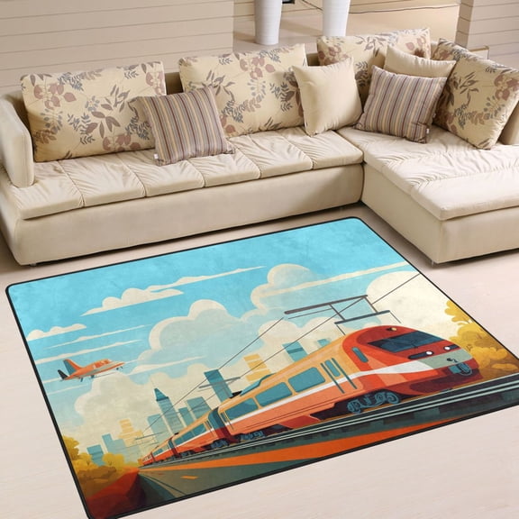 Train Airplane Sky Area Rug Washable 80 x 58 Floor Carpet Mat Non Slip for Bedroom Living Room Home Decor