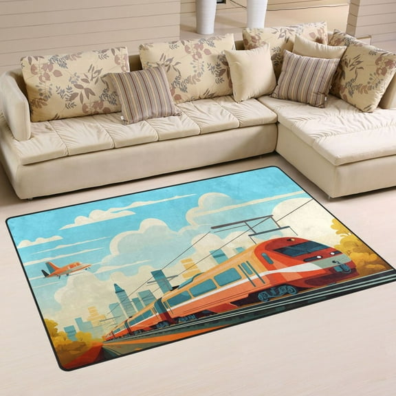 Train Airplane Sky Area Rug Washable Floor Carpet Mat 60 x 39 inch for Bedroom Living Room Kids Room Home Decor
