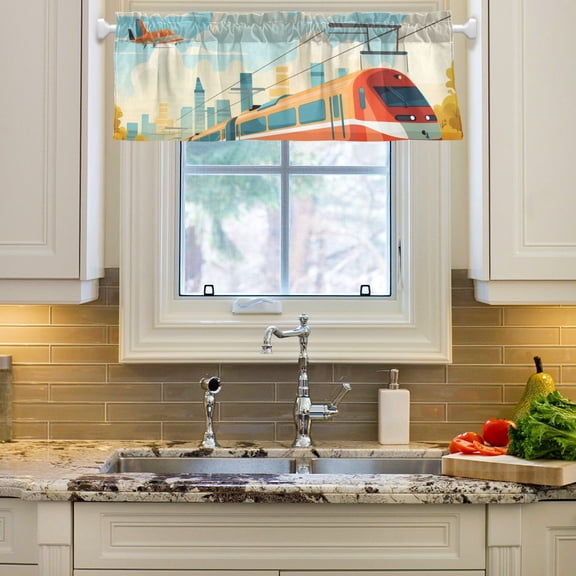 Train Airplane Sky Curtain Valances Farmhouse Design Window Treatment Decor Blackout Rod Pocket for Windows Living Room Kitchen 54" x 18"