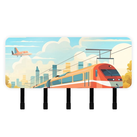 Train Airplane Sky Mail Holder Organizer Wall Mount with Shelf Key Holder Key Rack with 5 Key Hooks for Wall Decorative