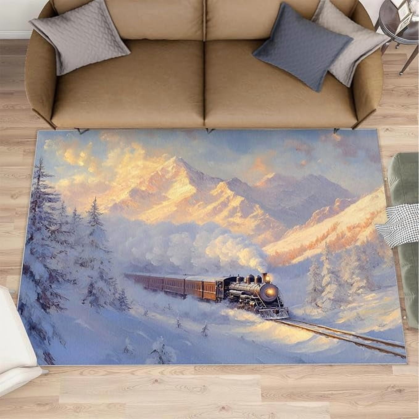 Train Area Rug, Steam Train Rugs for Living Room, Landscape Carpet ...