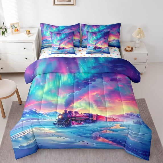 Train Bed In A Bag 7 Pieces Retro Steam Engine Queen Comforter Set Railway Track Transport Bedding Set,Galaxy Stars Iridescent Comforter Transportation Vehicles Fitted Sheet