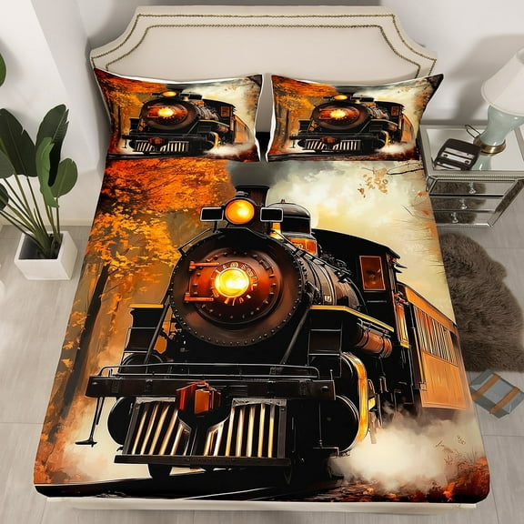 Train Bedding Set Retro Steam Engine Fitted Sheet Twin Railway Track Transport Bed Sheets Teen Men,Autumn Fallen Leaves 2 Piece Bedding Decor Set(No Top Sheet)