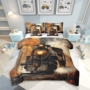 Train Bedding Set Retro Steam Engine Twin Comforter Set 7 Piece Railway Track Transport Bed In A Bag With Sheets Teen Men,Autumn Fallen Leaves Bed Set