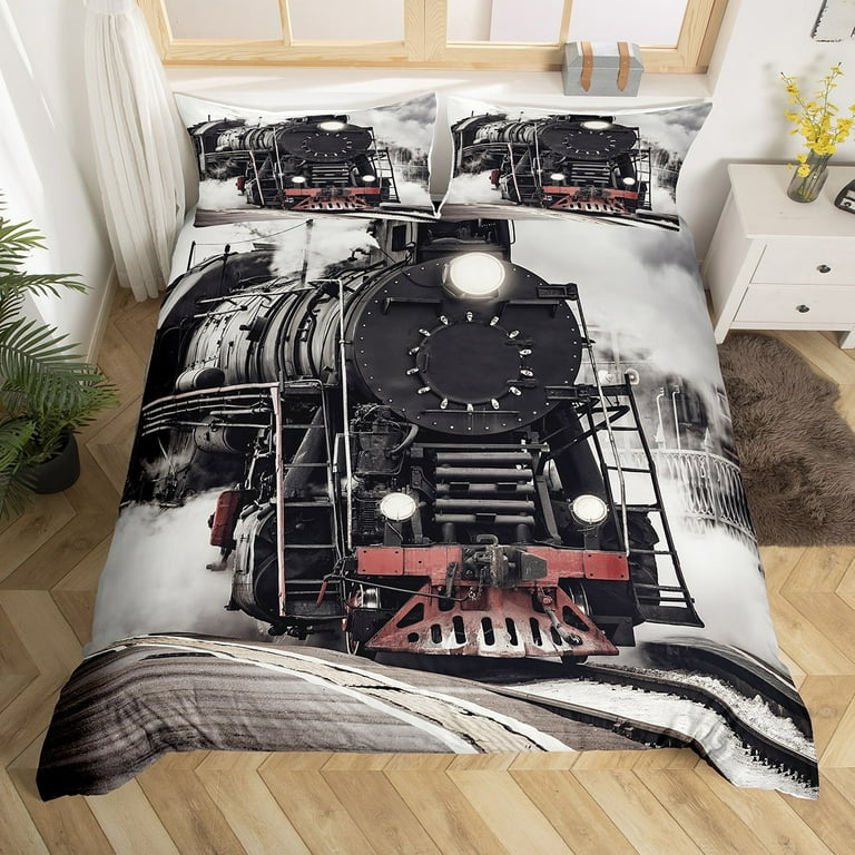 Train Bedding Set Twin 3D Steam Train Duvet Cover Retro Railway Track Vehicles Comforter Cover Vintage Old Style Transport Steam Engine Locomotive Bedroom Decor Grey Smoky Quilt Cover Walmart