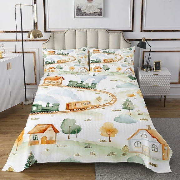 Train Bedspread Set Truck Railway Pattern Quilt Set Country Rustic Decor Twin Coverlet Set,Lodge Cabin Nature Bedding Set Teens Bedroom,Green Yellow