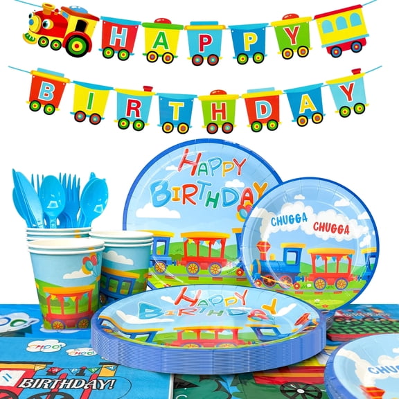 Train Birthday Party Supplies,128pcs Train Party Decorations Tableware Set - Train Plates and Cups Napkins & Train Birthday Banner Tablecloth