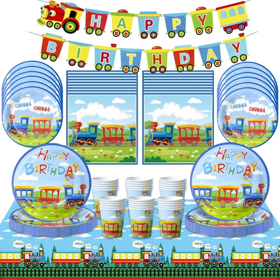 Train Birthday Party Supplies,130pcs Train Party Tableware Set - Plates Cups Napkins Banner Tablecloth etc Train Themed Tableware for Boys/Girls Kids