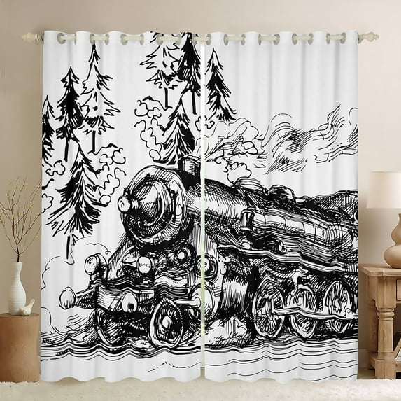 Train Blackout Curtains Steam Tain Curtains & Drapes, Cartoon Graffiti Old-Fashioned Train Curtains Hand Drawn Sketch Black White Rail Vehicles Window Treatments