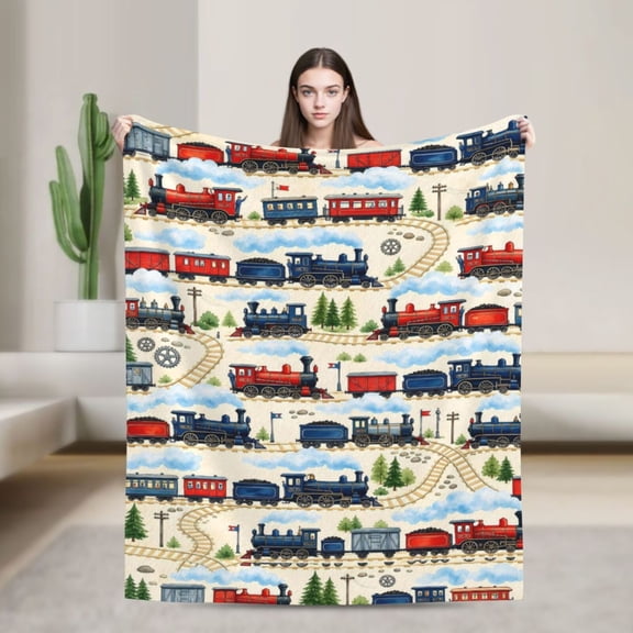 Train Blanket Railroad Clouds Pine Trees Watercolor Woodland Gift for Kids 50x40 in