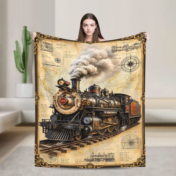 Train Blanket Steam Locomotive Compass Map Railroad Railway Gift for Train Lovers 50x40 in