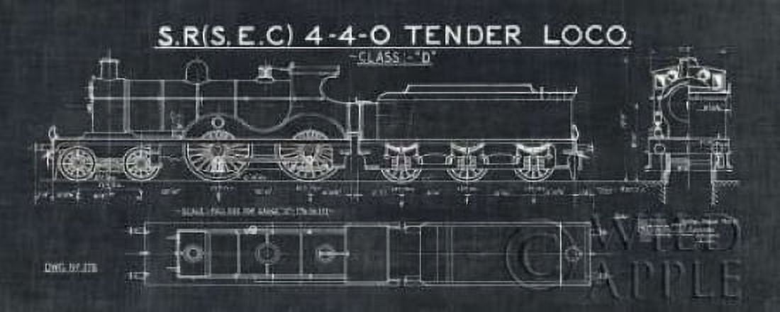 Train Blueprint II Black Canvas Art - Wild Apple Portfolio (24 x 48)