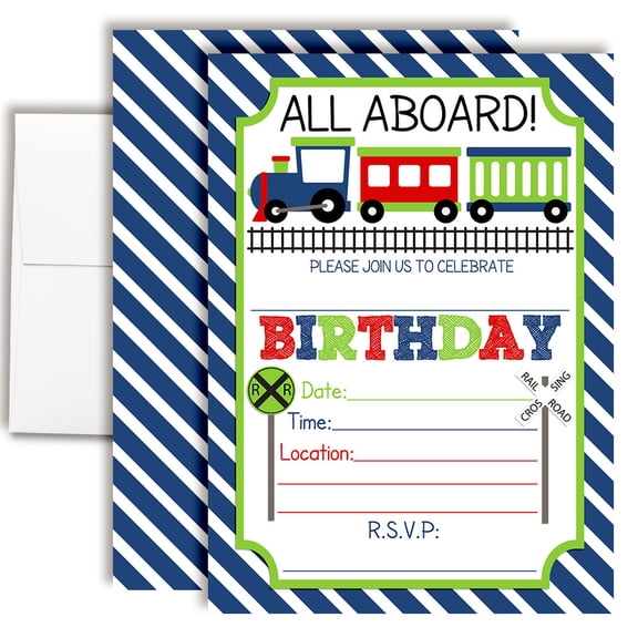 Train Boy Birthday Invitations for Kids, 20 Fill-In Cards with Envelopes, 5x7 Children's Birthday Party Invitations, Birthday Party Supplies, Made in USA by Amanda Creation