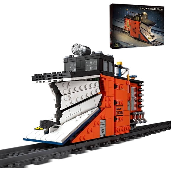 Train Building Blocks Sets, Snow Shovel Train Building Blocks Set with LED Lights & Black Tracks, Locomotive Model Kit, Railway Snowplow Model Set, STEM Gift