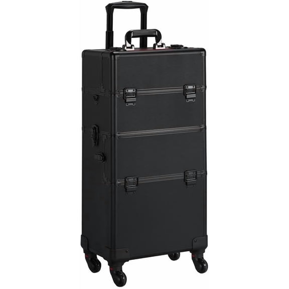 Train Case 3 in 1 Professional Cosmetic Trolley Multi-Functional Organizers Large Storage Traveling Cart Trunk for Nail Tech - Black