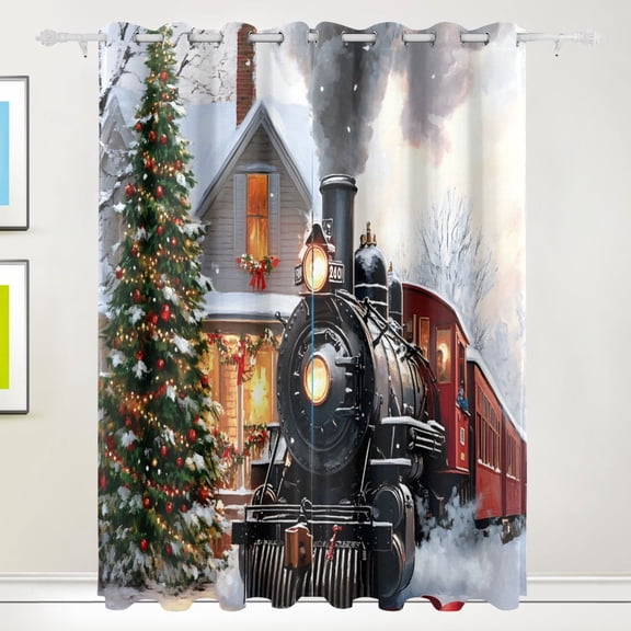 Train Christmas Tree House Blackout Curtains 55W x 72/84L Living Room Bedroom Curtains Heat Insulation and Sun Protection 2-Pack