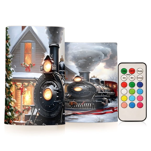 Train Christmas Tree House Flickering Flameless Candles Battery Operated with Remote Timer LED Pillar Candles Set of 2