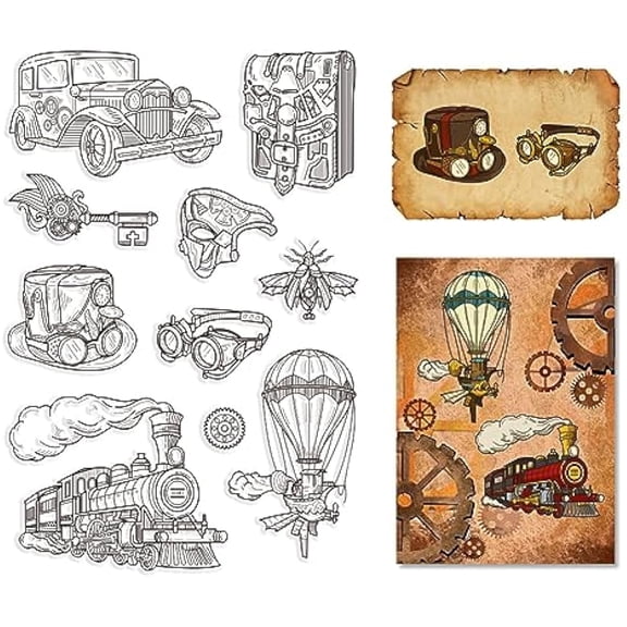 Train Clear Rubber Stamps Steampunk Transparent Vintage Silicone Car Parachute Seals Stamp Journaling Card Making DIY Scrapbooking Photo Album Decorative Film Frame Stamp Sheets