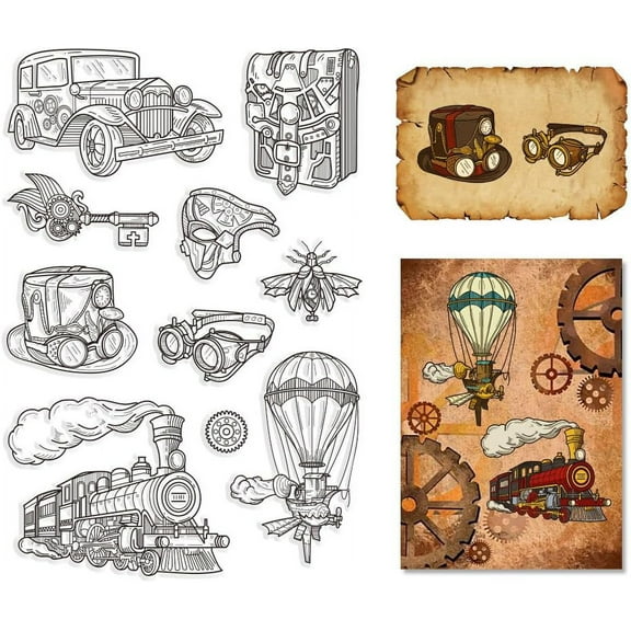 Train Clear Rubber Stamps Steampunk Transparent Vintage Silicone Car Parachute Seals Stamp Journaling Card Making DIY Scrapbooking Photo Album Decorative Film Frame Stamp Sheets Metal Antique Bronze