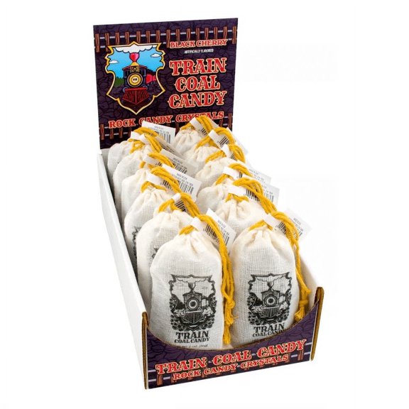 Train Coal Candy, Black Cherry Rock Candy Crystals, 2 Ounce Drawstring Bag - 12 Count Display Box