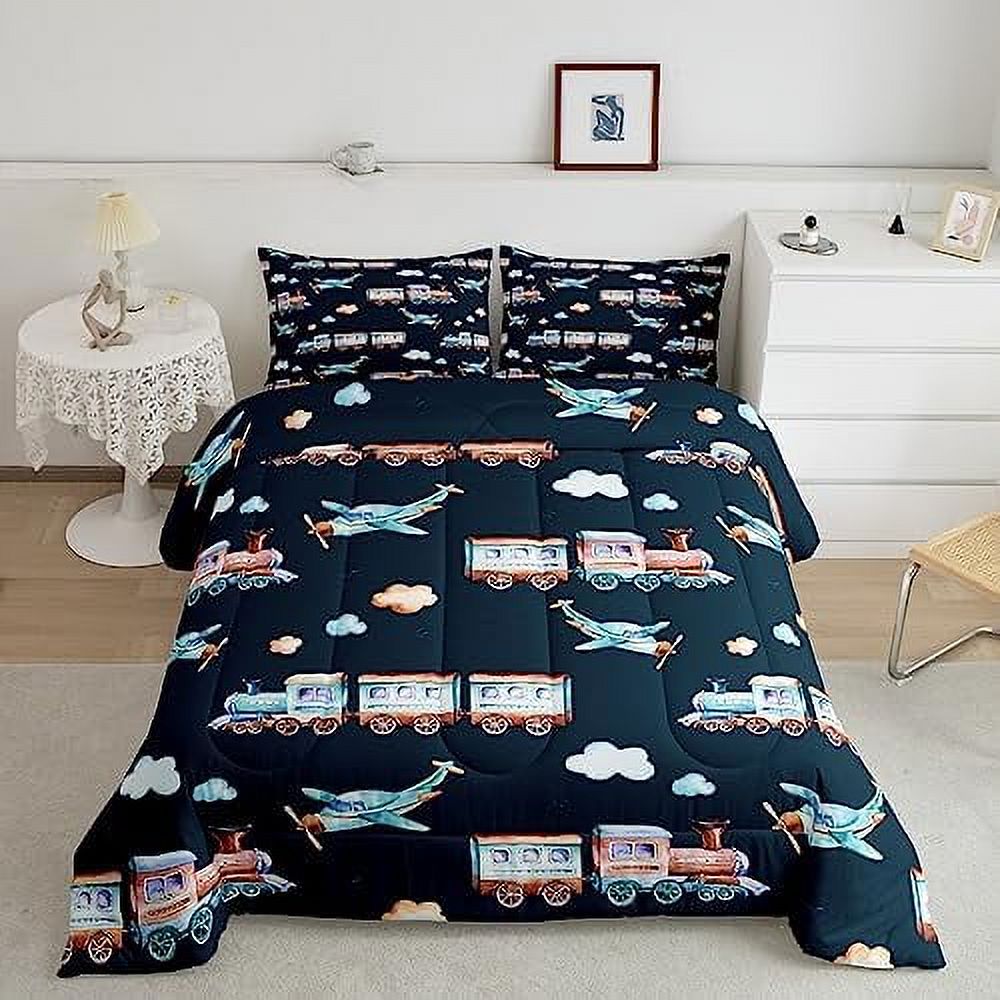 Train Comforter Set for Boys Cute Cartoon Train Aircraft Bedding Twin