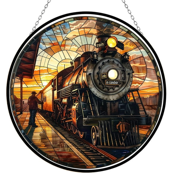 Train Conductor Stained Glass Window Hanging Window Suncatcher Glass Panel with Metal Chain Sun Catchers Wall Art Home Decor Gift for Women Mother's Day