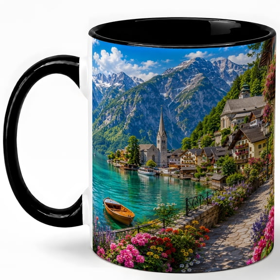 Train Crossing Sunset 11oz Ceramic Mug, Small Town Railway Coffee Cup
