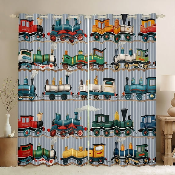 Train Curtains Colorful Steam Engine Train 30%-50% Blackout Curtains Cartoon Train Transportation Curtains & Drapes 52"Wx84"L,Gray,Green,Blue,Yellow,White