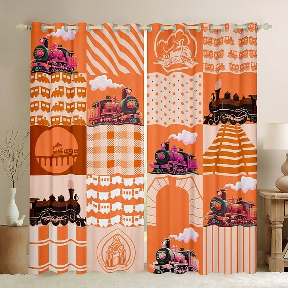 Train Curtains Cartoon Train Bus Curtains & Drapes Vintage Style Orange Pink Steam Engine 30%-50% Blackout Curtains For Bedroom,Cute Banner Train Transportation Window Curtains 52"Wx84"L