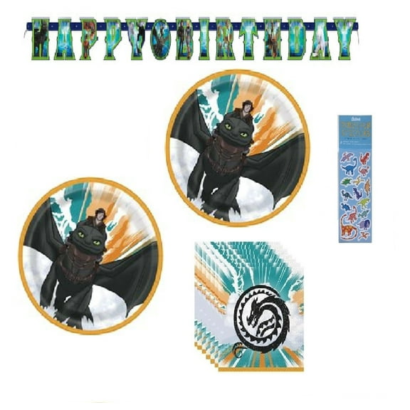 How to Train Your Dragon Birthday Party Supplies Bundle includes 16 Paper Plates 7", 16 Large Napkins, 1 Birthday Banner, 1 Dinosaur Sticker Sheet