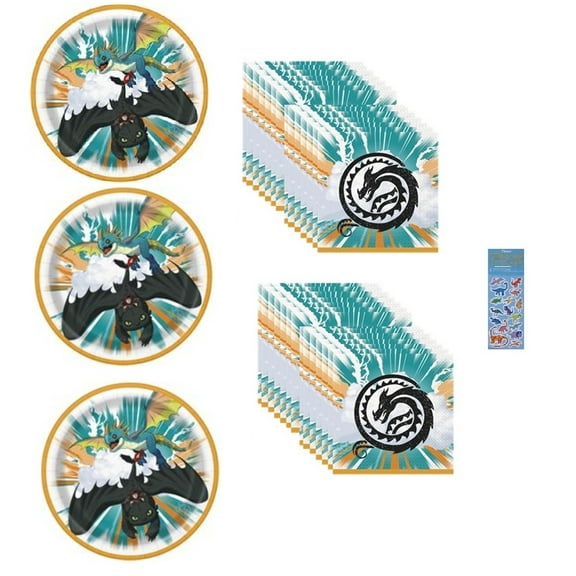 How to Train Your Dragon Birthday Party Supplies Bundle includes 24 Lunch Plates, 32 Lunch Napkins, 1 Dinosaur Sticker Sheet - Serves 24