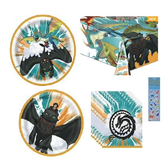 How to Train Your Dragon Birthday Party Supplies  Bundle Pack includes 8 Large Plates, 8 Small Dessert Plates, 16 Napkins, 1 Tablecover, 1 Dinosaur Sticker Sheet