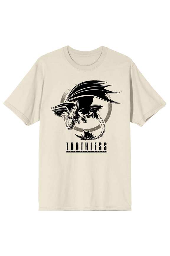 How to Train Your Dragon Franchise Black Vector Graphic of Toothless Shield Rim Toothless Text on Natural Ground Adult White Crew Neck Short Sleeve T-shirt - Medium